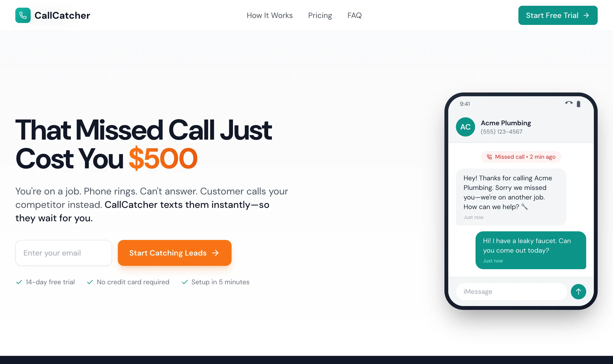 CallCatcher landing page beside a phone showing an automatic reply to a missed call.