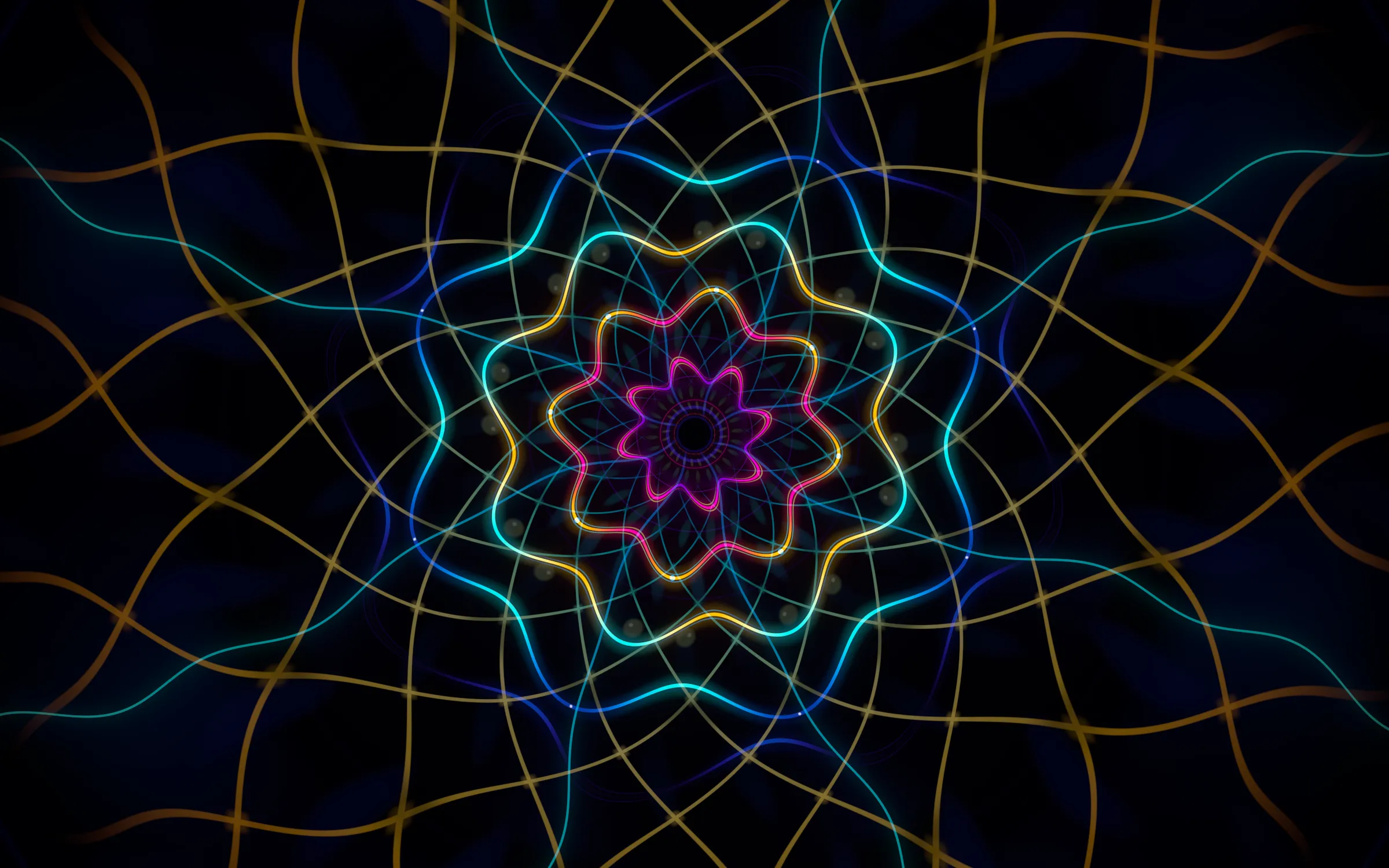 Hyperspace Bloom: a neon magenta and cyan eight-fold flower over a woven gold lattice.