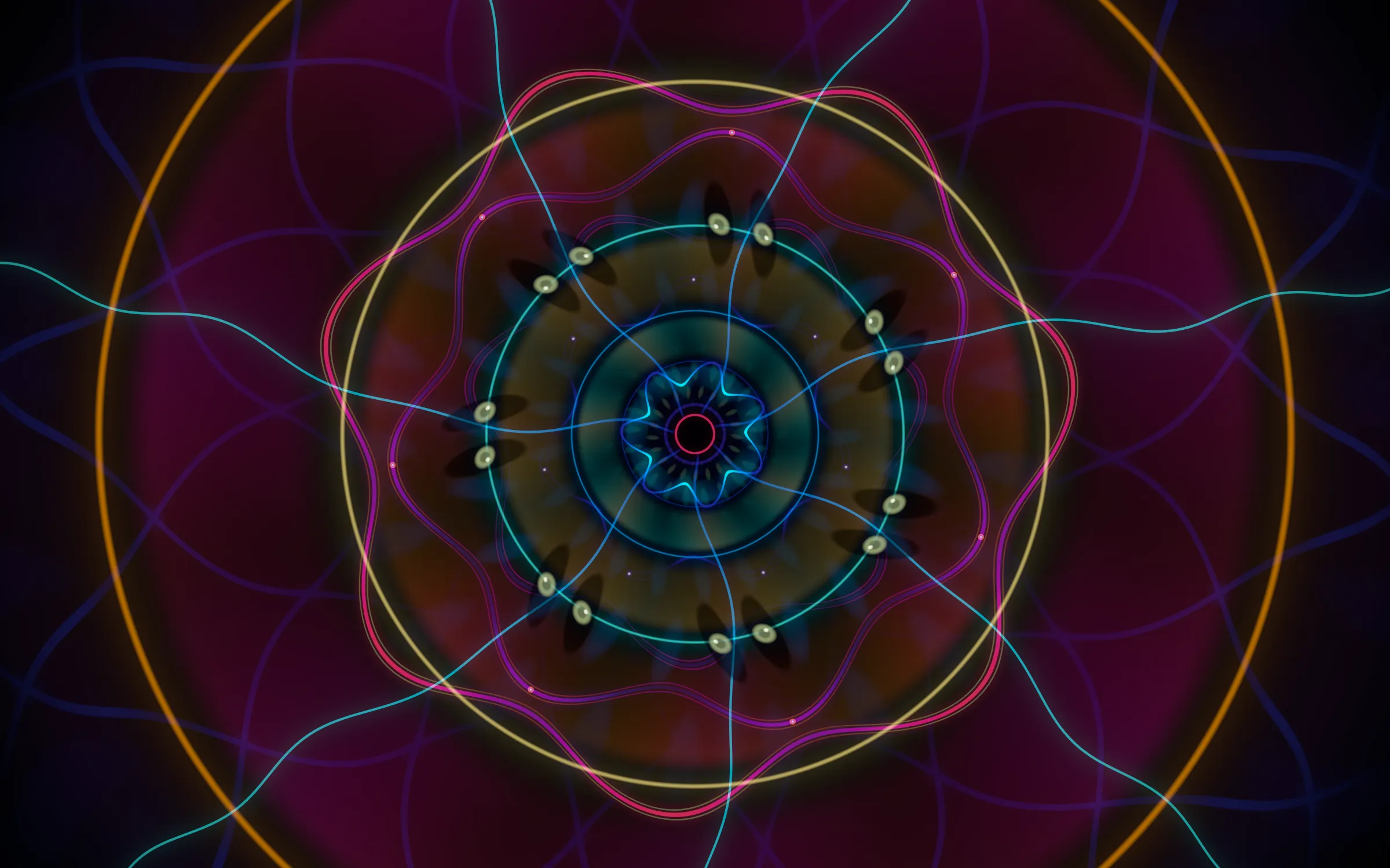 Hyperspace Bloom: concentric gold, pink, and cyan rings with jewel nodes on a deep magenta field.