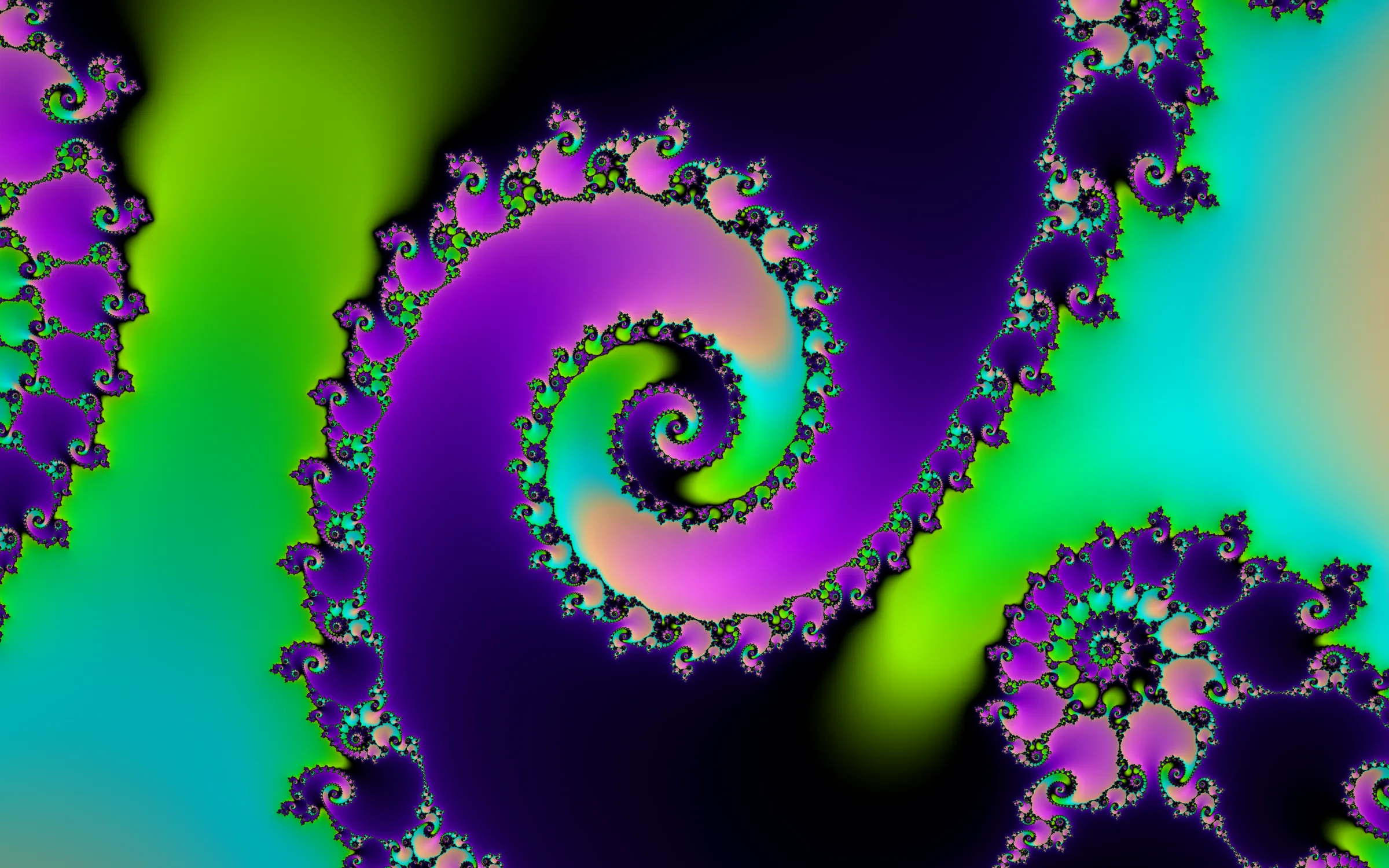 Deep zoom into the Mandelbrot set: a purple and pink double spiral on a lime and cyan field.