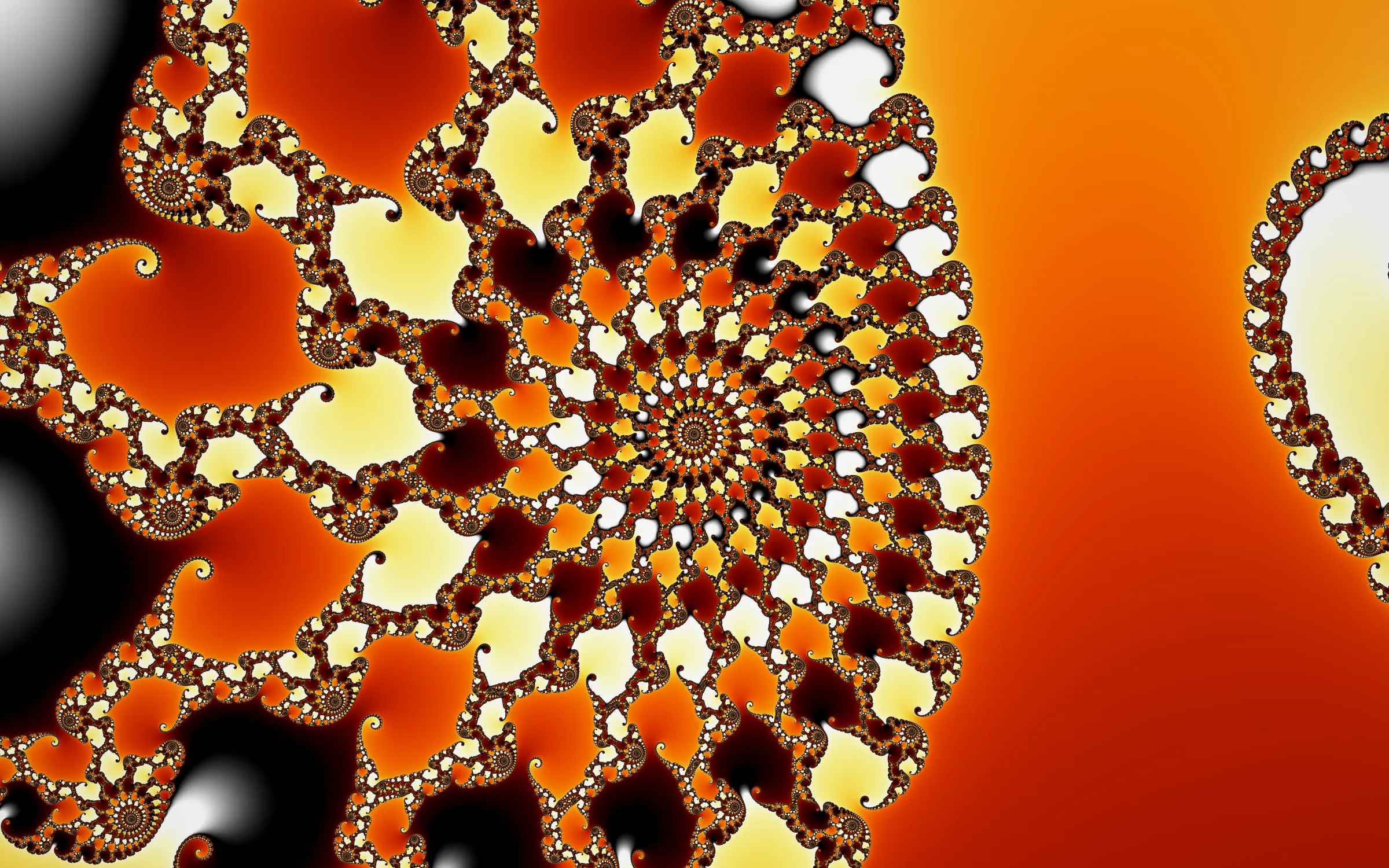 Deep zoom into the Mandelbrot set: an orange, cream, and black spiral of repeating bulbs.